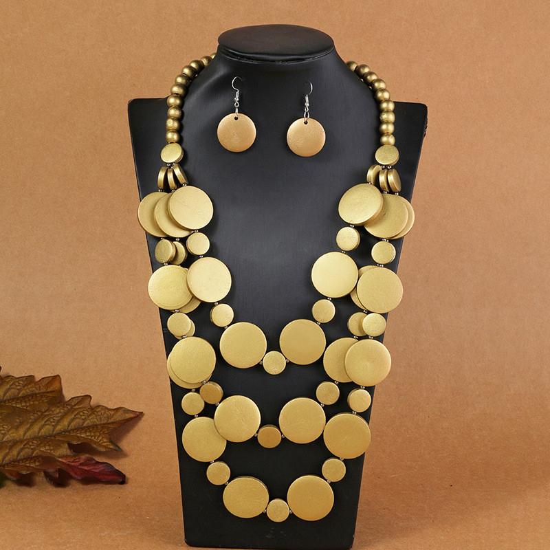 Bohemian Geometric Wooden Bead Multilayer Necklace And Earring Set For Women
