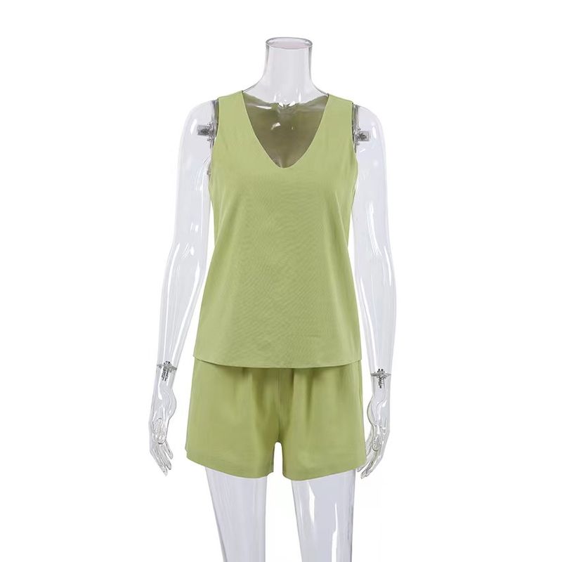 

Fashion Style Sleeveless Loose Vest Shorts Set Ladies Homewear Loose Tank Top Short Set Green L