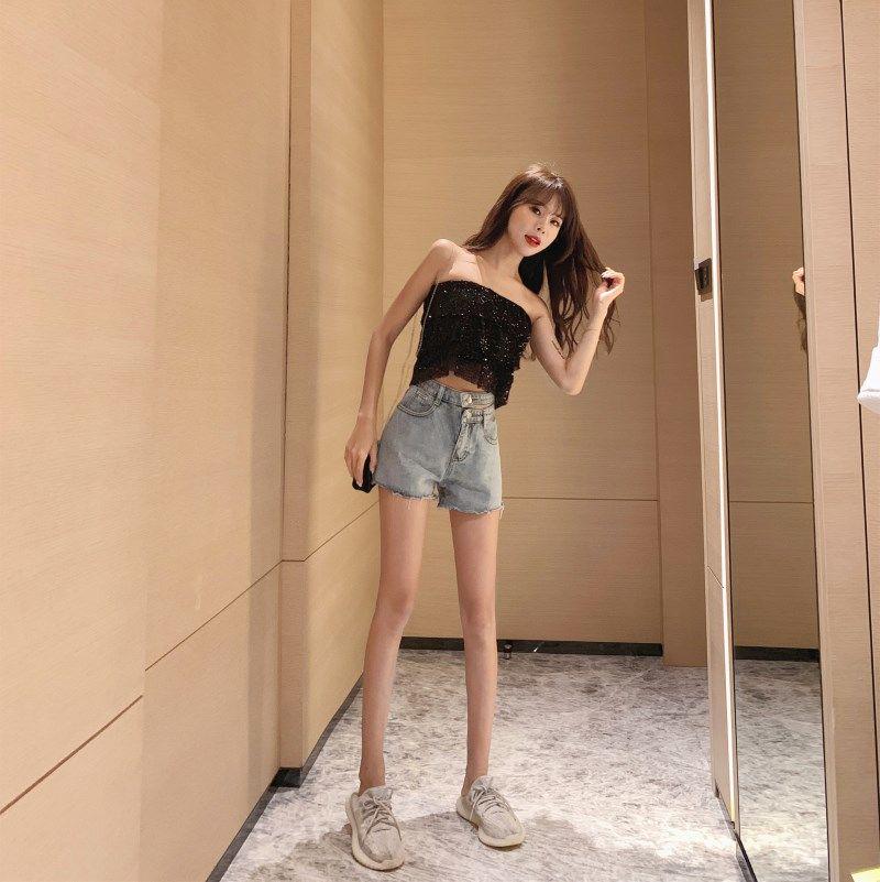 WTEMPO Irregular High Waist Denim Shorts Women Loose Thin Summer Fashion Star with The Same Wide-leg Pants