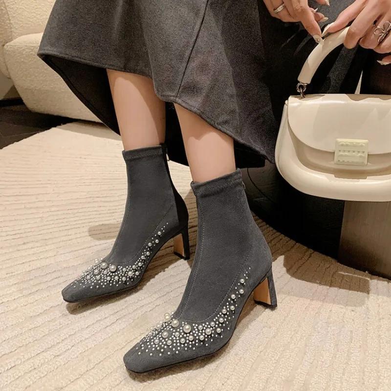 Fashion New Cowhide/suede 6.5cm High Heel Elastic Slimming Boots Autumn Winter Women Pearl/Rivet Style Fashion Ankle Boots Size 34-42