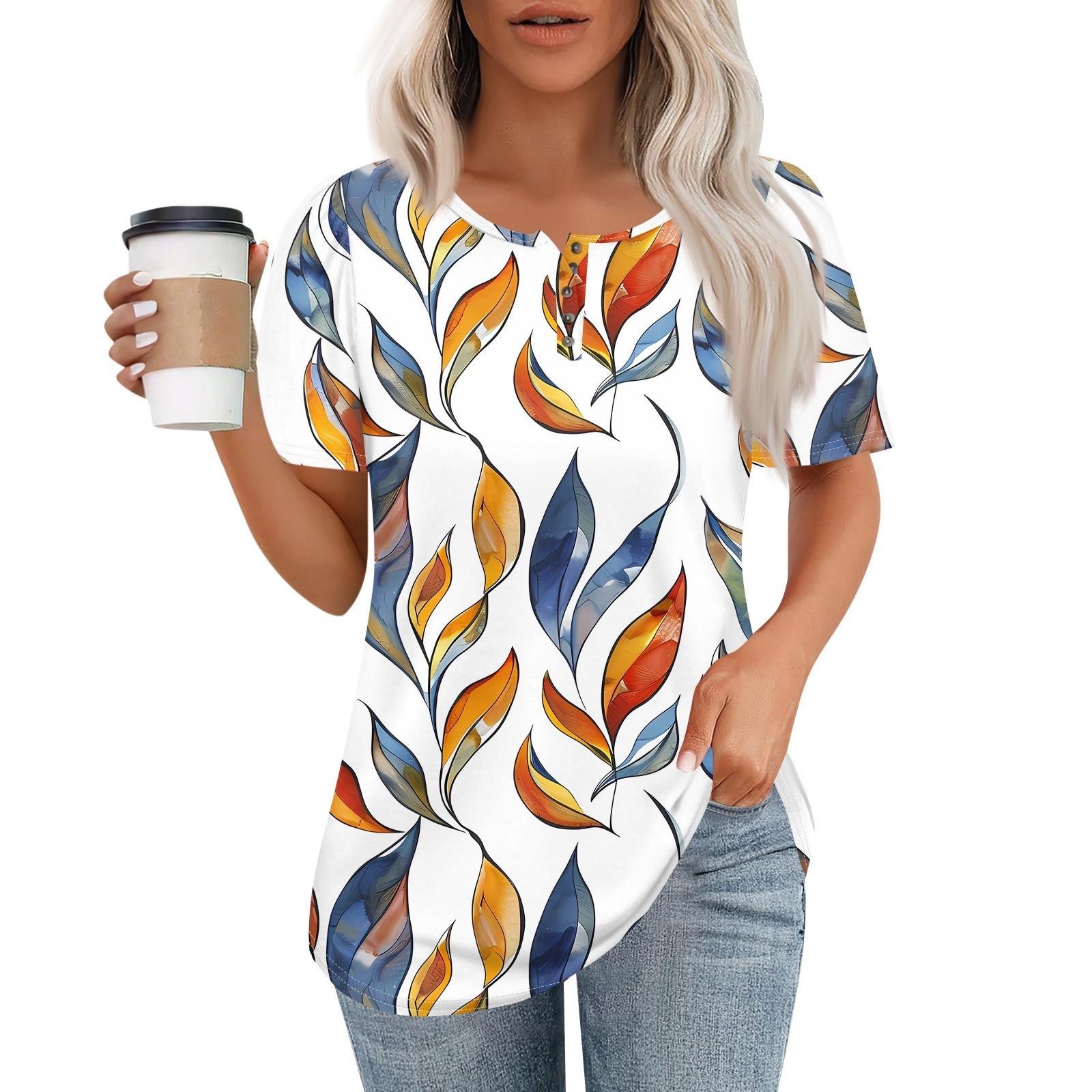 

Женский модный повседневный короткий рукав пуловер с принтом на пуговицах и круглым вырезом L оранжевый