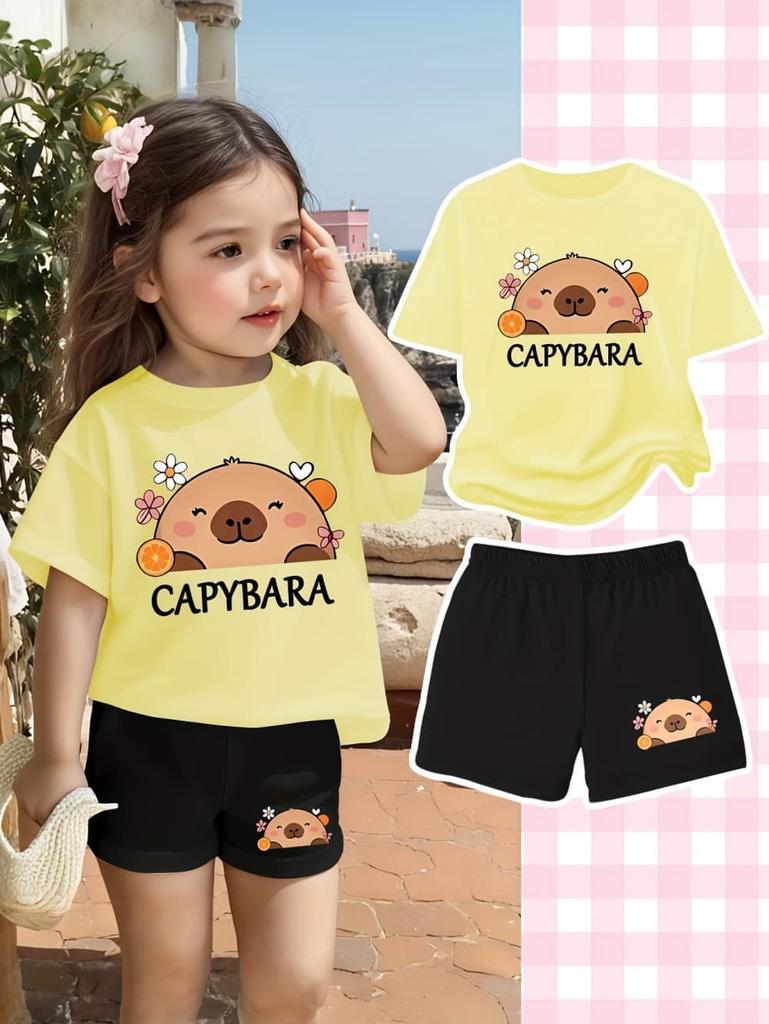 Cartoon Capybara Funny Print Boy Girls Short Sleeved T-Shirt Casual Shorts Children's Set Summer Casual Suit 2 Piece Tracksuits