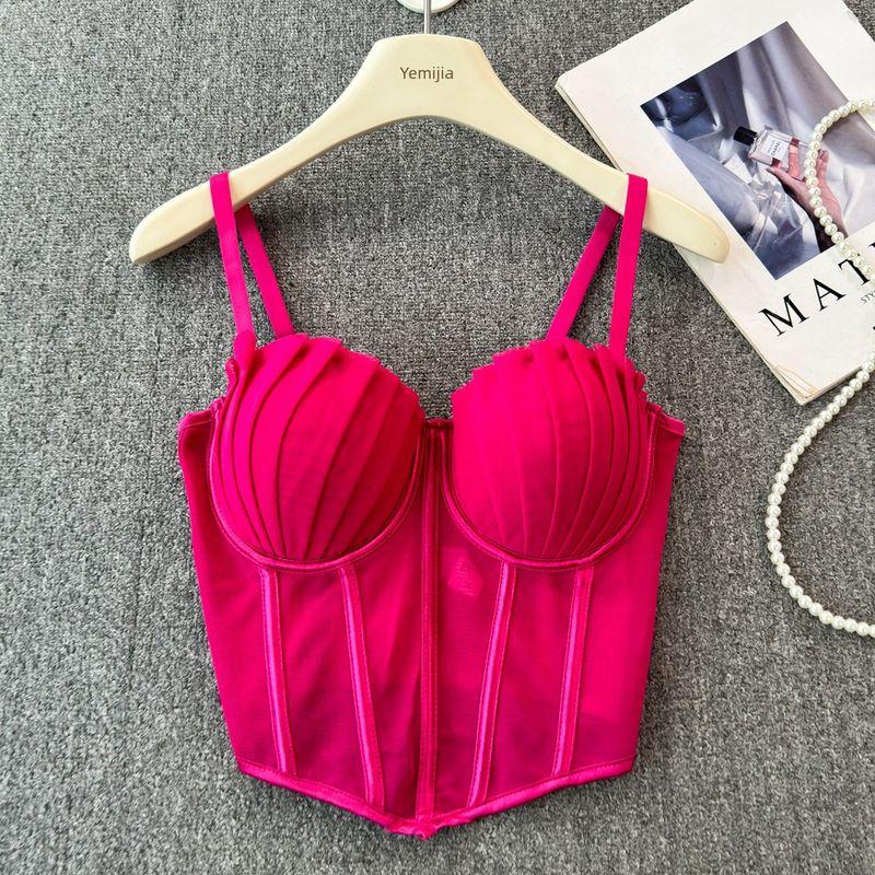 European American Summer New Mesh Folding Sexy Fishbone Camisole Women's Clothing Base Ride Outer Wear Short Tops