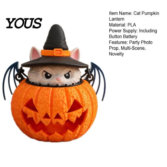 Kids Holiday Gift Halloween Cat Pumpkin Lantern, 3D Printed Glowing Figurine Witch Decoration with Hat, Spooky Tabletop Ornament, Festive Party
