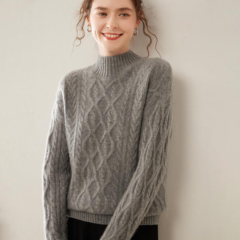 Versatile Women's Cashmere Cable Knit Sweater - Loose Slimming, Half-High Neck, Warm Base Layer
