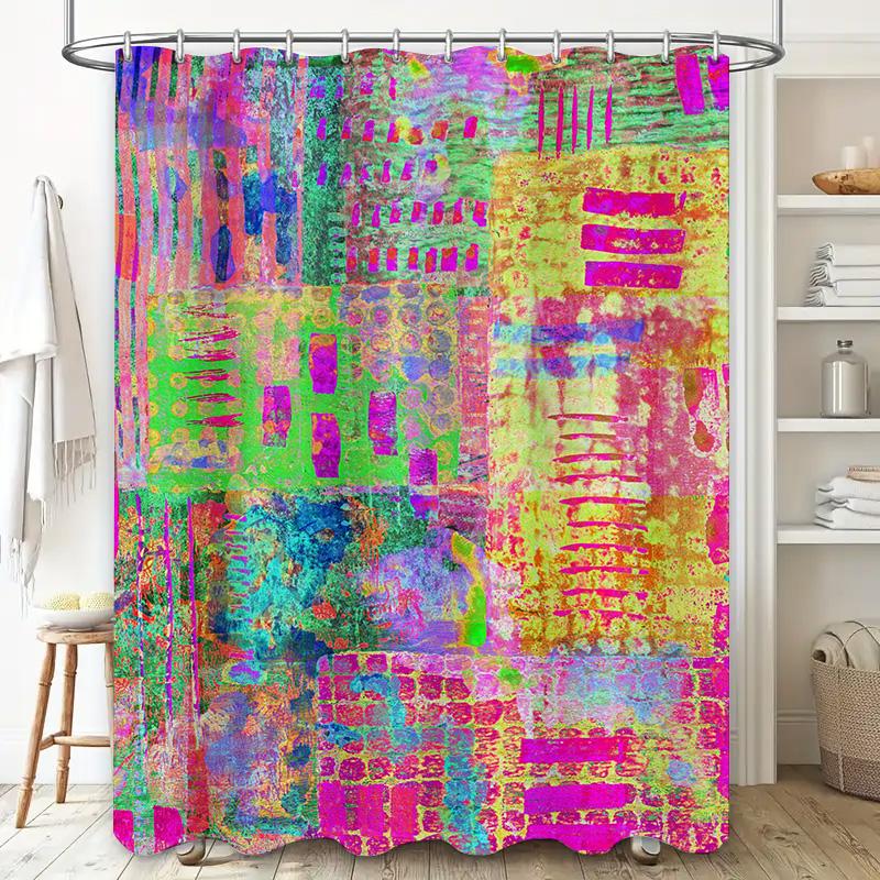 Vibrant Shower Curtain Waterproof Fabric with Black Stripes Multicolored Accents for Home Decor In Bathroom Customizable Size Av