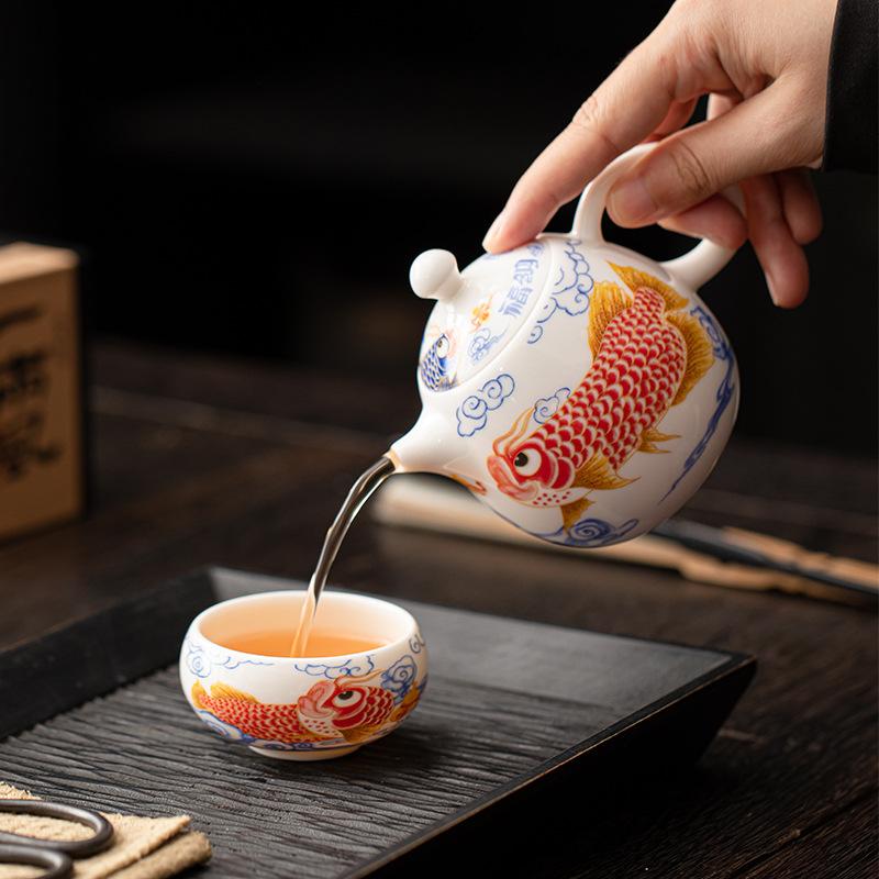 Suet Jade Full Color Arowana Ceramic Longdan Pot Kung Fu Tea Ceremony Tea Set High-end Home Office Tea Drinking Teapot