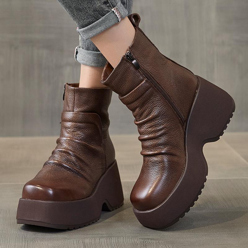 Mote GKTINOO Ekte Skinn Plattformstøvletter Vår Høst Håndlagde Tykksålede Korte Støvletter Høydeøkende Rund Tå Damesko