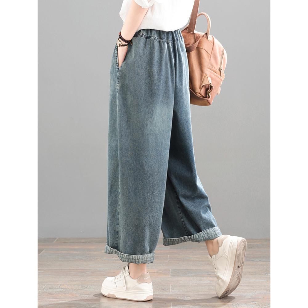 Dimanaf 2025 Sommer Damen Jeans Lässig Bestickte Blumen Haremshosen Hohe Taille Elastische Grundlegende Lose Haremshosen