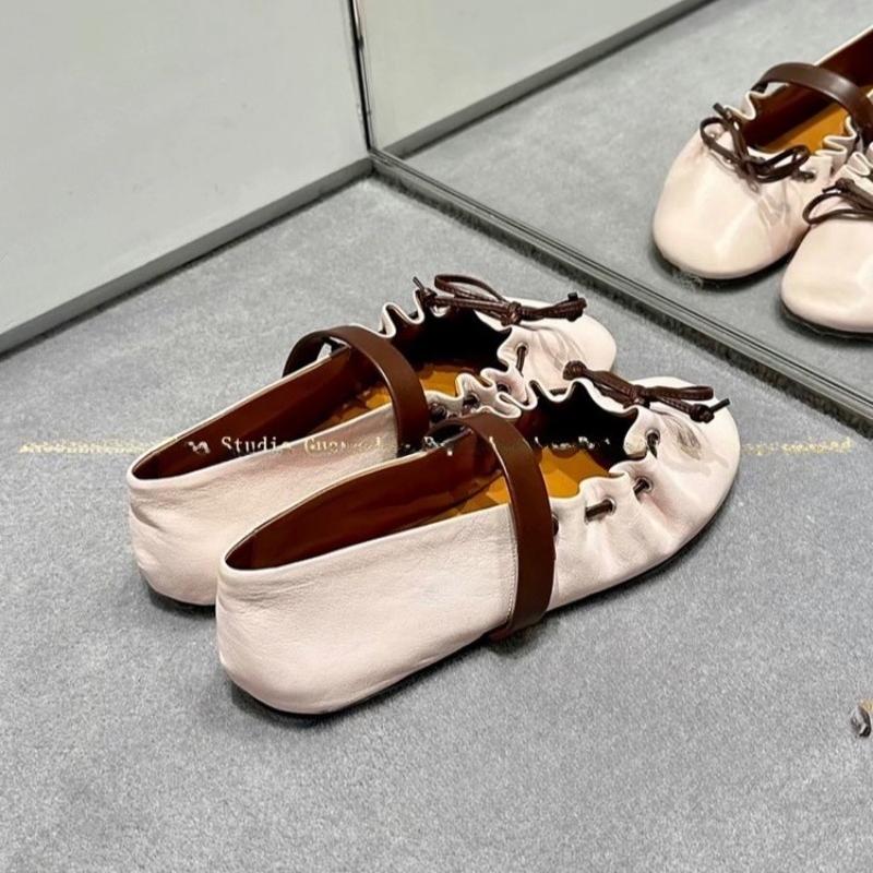 New Bow Pleated Flat Ballet Shoes Women's Soft Leather Flat One Strap Mary Jane Single Shoes