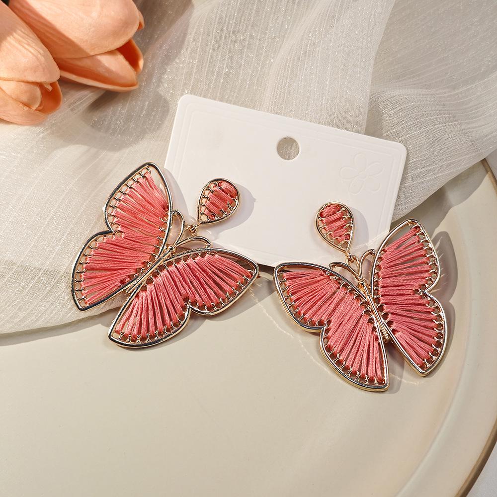 Bohemian Ethnic Cotton Thread Hand-Woven Butterfly Earrings for Women. розовый