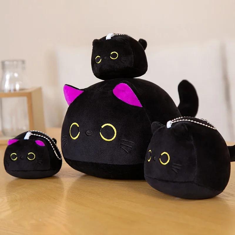 1 PC 10/15CM Small Cuddly Black Cat Plush Doll Cartoon Stuffed Round Ball Cat Plushie Girl's Bag Keychain Pendant Toys