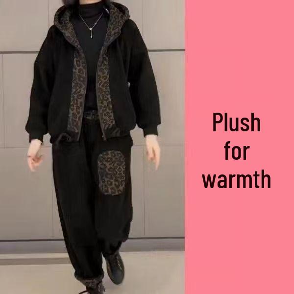 

2025 Autumn/Winter Women s Loose Hooded Two-Piece Set: Fashionable Patchwork Harem Style for Middle-Aged and Elderly Moms 2XL