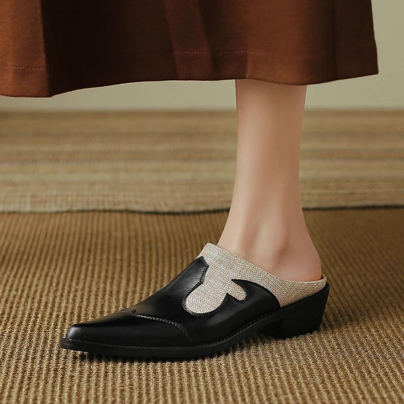 Fashion 2025 Summer Women Shoes Genuine Leather Shoes for Women Covered Toe Chunky Heel Mules Slingback Women Sandals Handmade Slippers