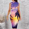 Women Plus Size Sleeveless Round Neck Midi Bodycon Dress Underwater Coral Fish Print Slim Fit Dress