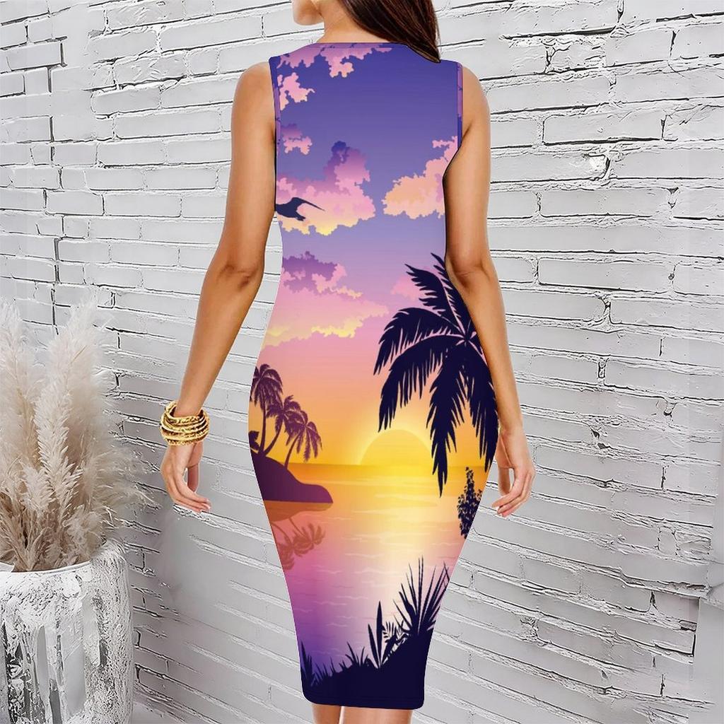 Women Plus Size Sleeveless Round Neck Midi Bodycon Dress Underwater Coral Fish Print Slim Fit Dress