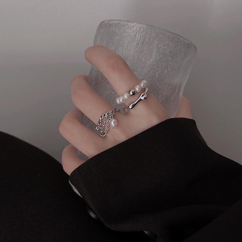 Trendy Retro Pearl Tassel Open Ring for Women