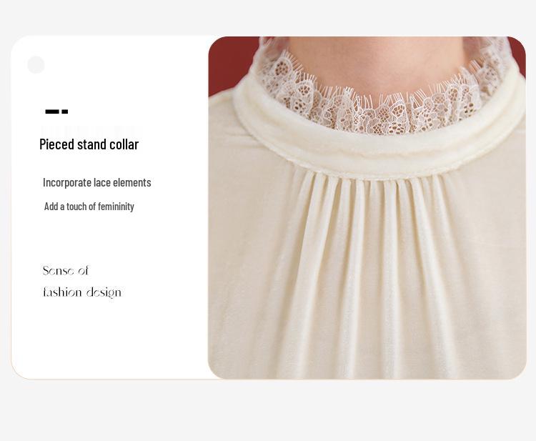 Damen Seiden Samt Plissee Spitze Pullover mit Stehkragen - Herbst Französischer Stil