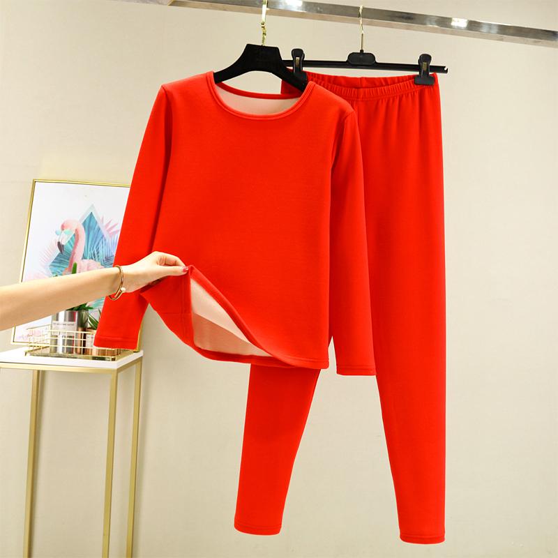 Thickened Fleece Warm Underwear Set for Women Long Sleeve round Neck Pure Cotton Inner Wear Two Piece Set for Autumn Winter