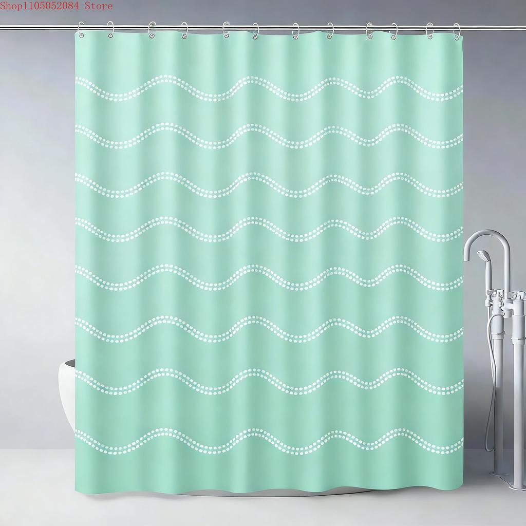 Modern Teal Gradient Wavy Line Art Waterproof Shower Curtain
