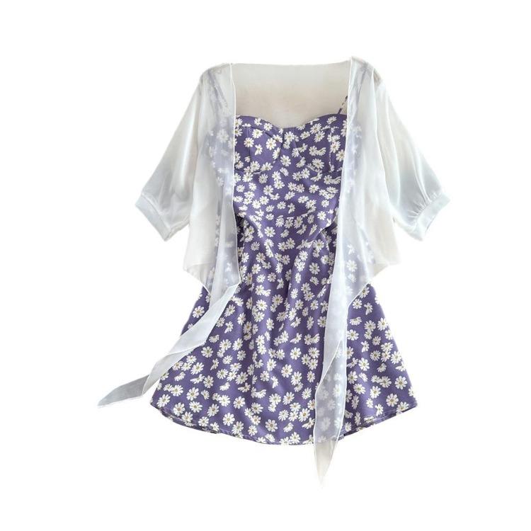 Elegante Vestido Curto de Verão Feminino com Estampa Floral Linha A Duas Peças Slim Férias Senhoras