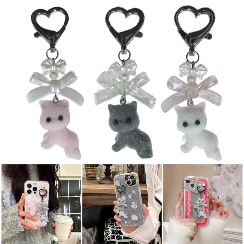 Flocking Animal Cartoon Keychain 3D Cat Shape Key Chain Fashionable Bowknot Pendant Phone Decorations for Women and Girl