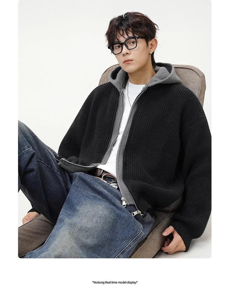 Unisex Two-in-One Patchwork Knit Hoodie Jacket - Autumn/Winter Loose Fit Sweater