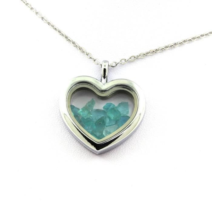 Collier - ABIJOUX - Apatite Paraiba brut - Pendentif coeur - Acier inoxydable - Mixte
