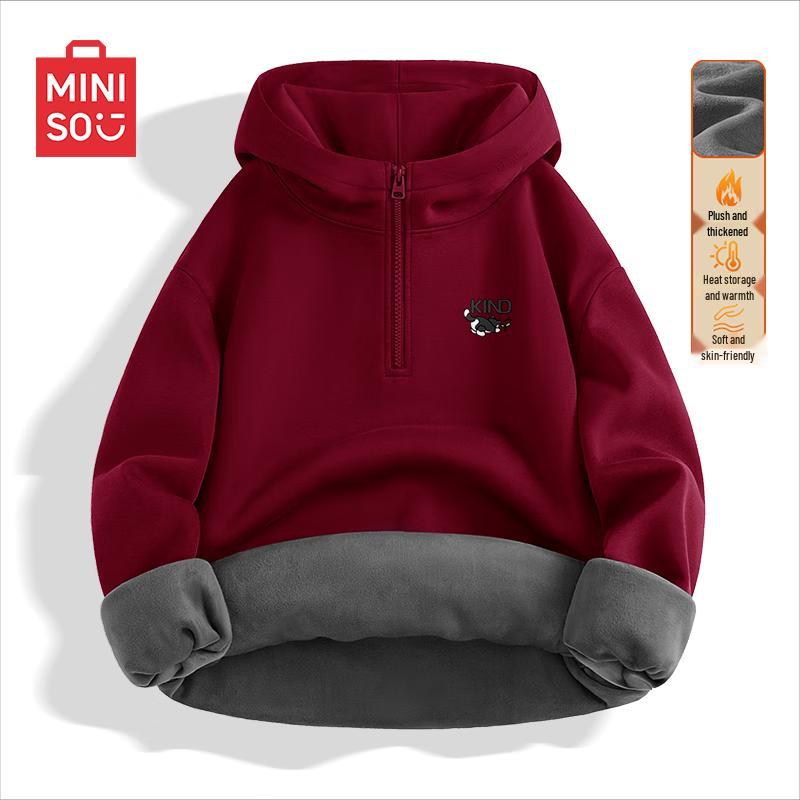 MINISO Men s Fleece-Lined Hooded Half-Zip Pullover Sweatshirt L