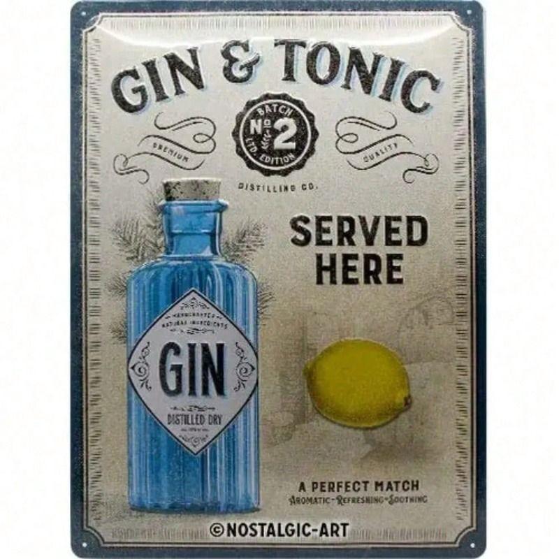

Vintage Metal Poster Gin Tonic Served Here Retro Wall Sign Bar Decoration