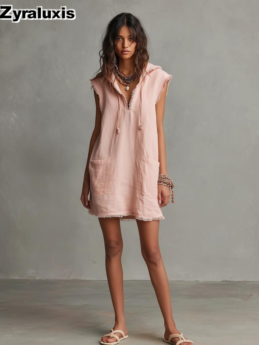 Summer Women s V-Neck Linen Blend Mini Dress - Sleeveless with Frays S розовый