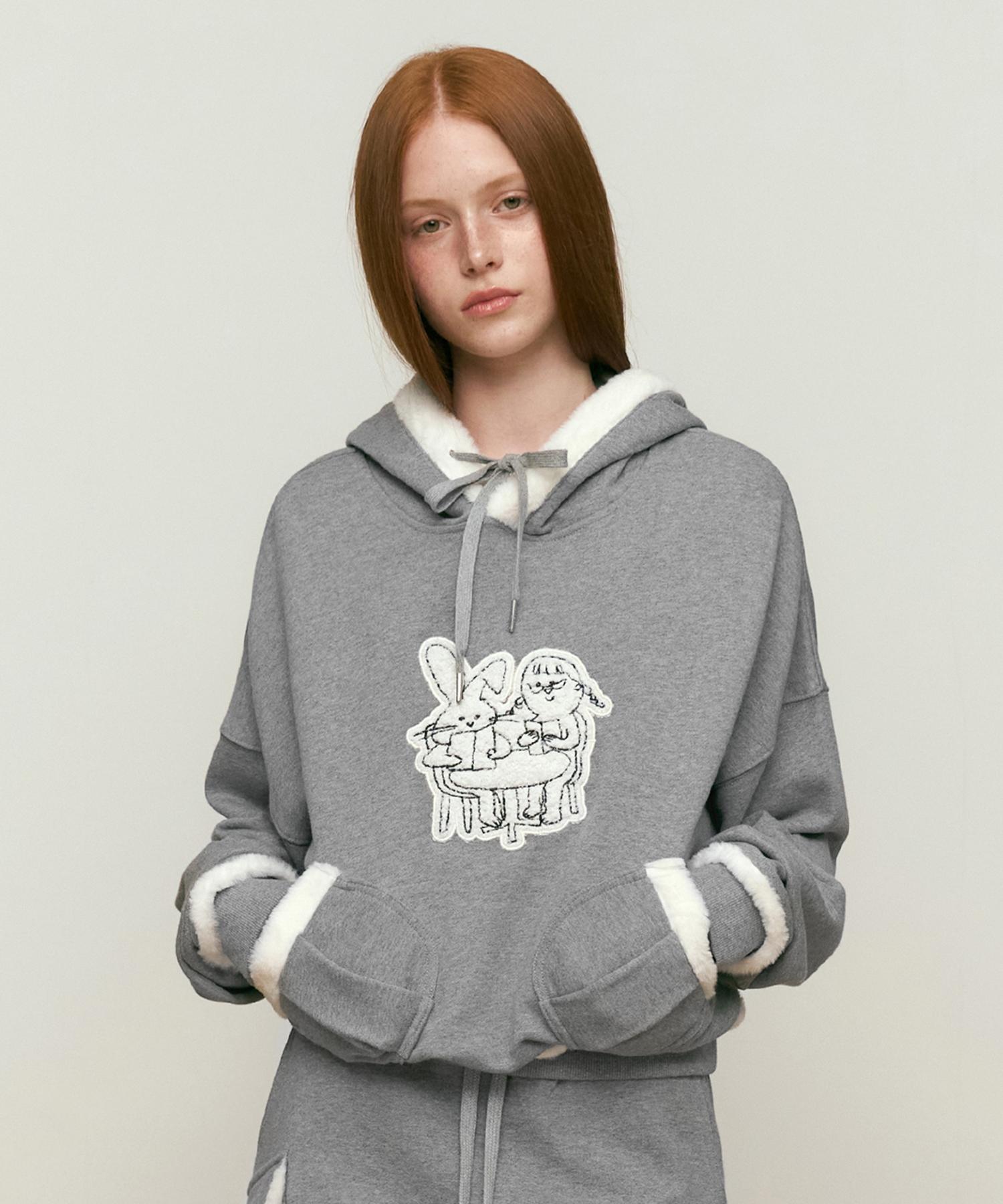 Kirsh Witty Bunny Graphic Fur Hoodie [Melange Grey] 2