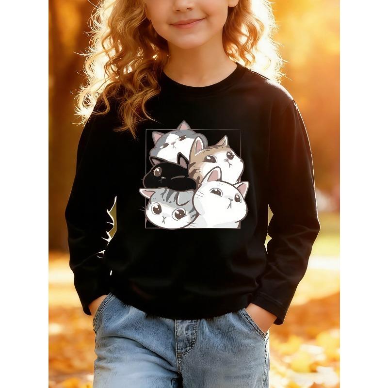 European Sizes Kids' Cartoon Print Top, Fashion Kids' Cartoon Kitten Pattern Long Sleeve T-Shirt, Cartoon Character, Suitable for Daily Casual