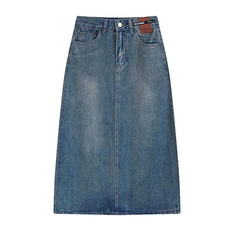 

Джинсовая юбка-халтер женская летняя винтажная А-силуэт прямого покроя с разрезом на бедрах с высокой талией средней длины юбка удобная модная джинсовая юбка-бюстье 2XL джинсовый