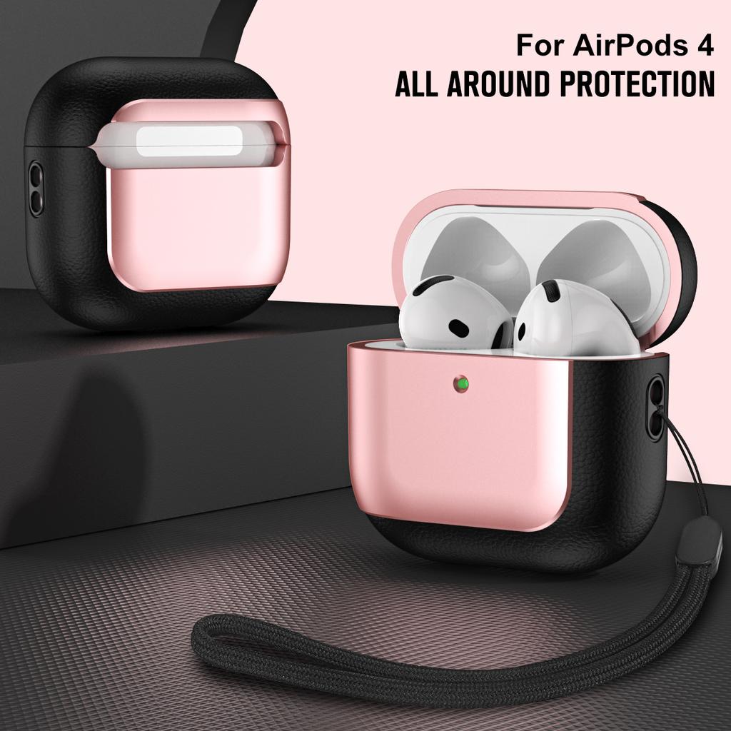 For AirPods 4 TPU Case Electroplating Litchi Texture Fall Prevention Earphone Cover with Lanyard
