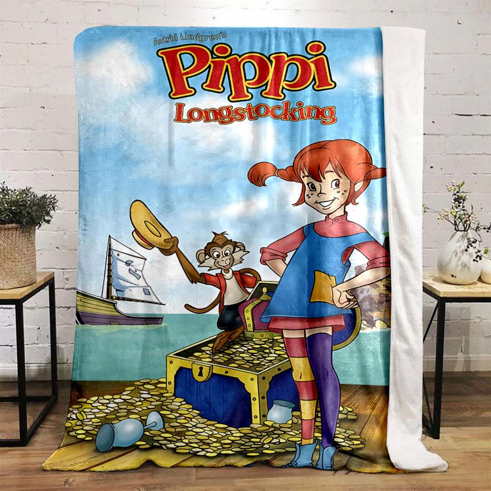 A Cheerful Red-haired Girl with Striped Stockings Stands by Treasure. for All Seasons Blanket Lunch Break Throw Gift