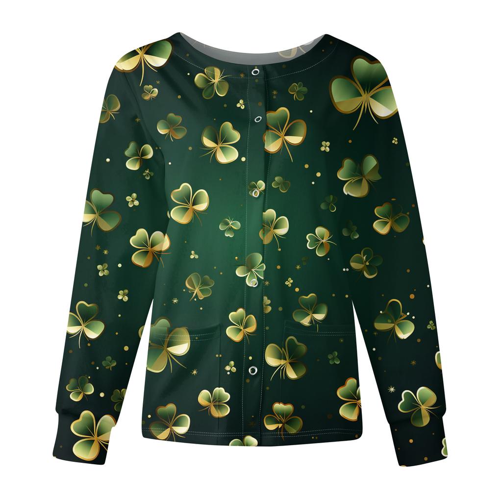 Damen Casual Mode Langarm Stehkragen Einreiher St. Patrick's Day Print Arbeitsjacke Tops