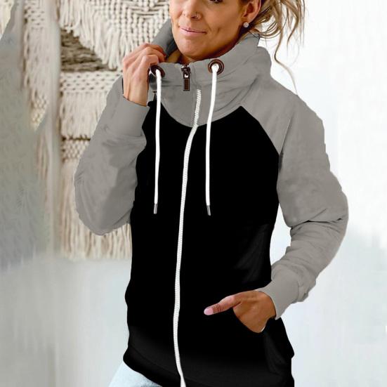 Felpa con cappuccio invernale da donna con cerniera, in pile, con colori a contrasto, patchwork, calda protezione per il collo, casual, morbida, autunnale, abbigliamento femminile
