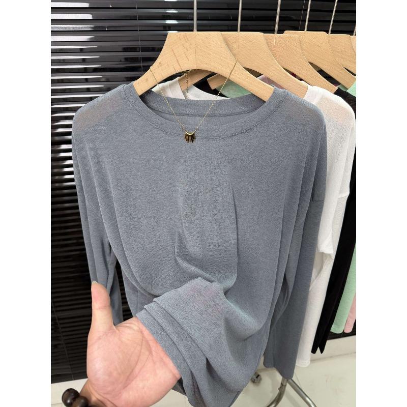 New Ice Silk Cool Tulle Long-sleeved Sunscreen Blouse Women's Fashion Versatile Breathable Solid Color T-shirt Top Summer