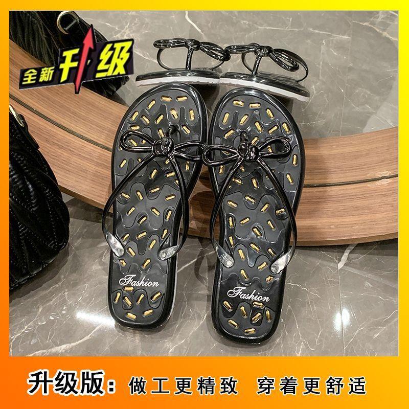 Bow Flip-flops Summer 2025 New Women's Go Out Fashionable Versatile Foot Pinch Jelly Crystal Non-slip Cool Slippers