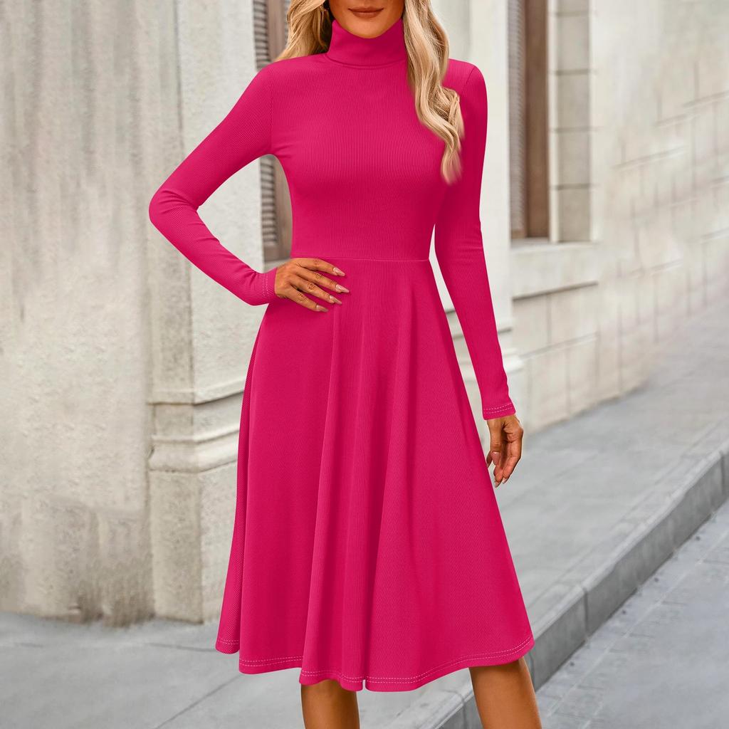 Women's Casual Fashion High Neck Long Sleeve Color Midi Dress