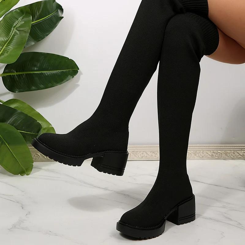 Fashion Plus Size Elastic Knitted Over The Knee Boots Women Slip On Chunky Heel Long Botas Mujer 2025 Spring Autumn Thigh High Boots