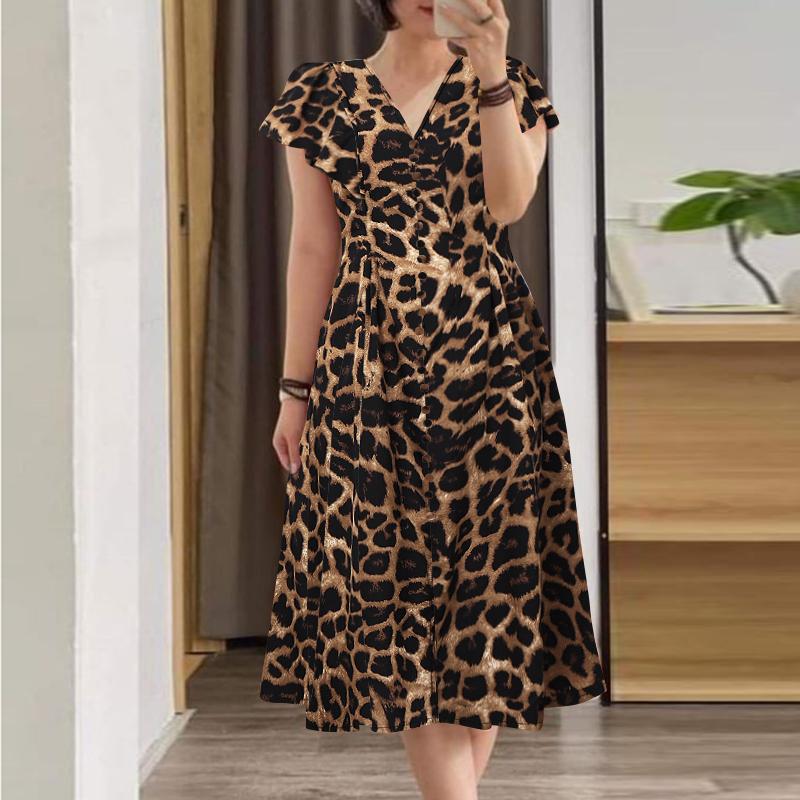 

ZANZEA Женское летнее повседневное платье с коротким рукавом с леопардовым принтом 4XL светло-коричневого