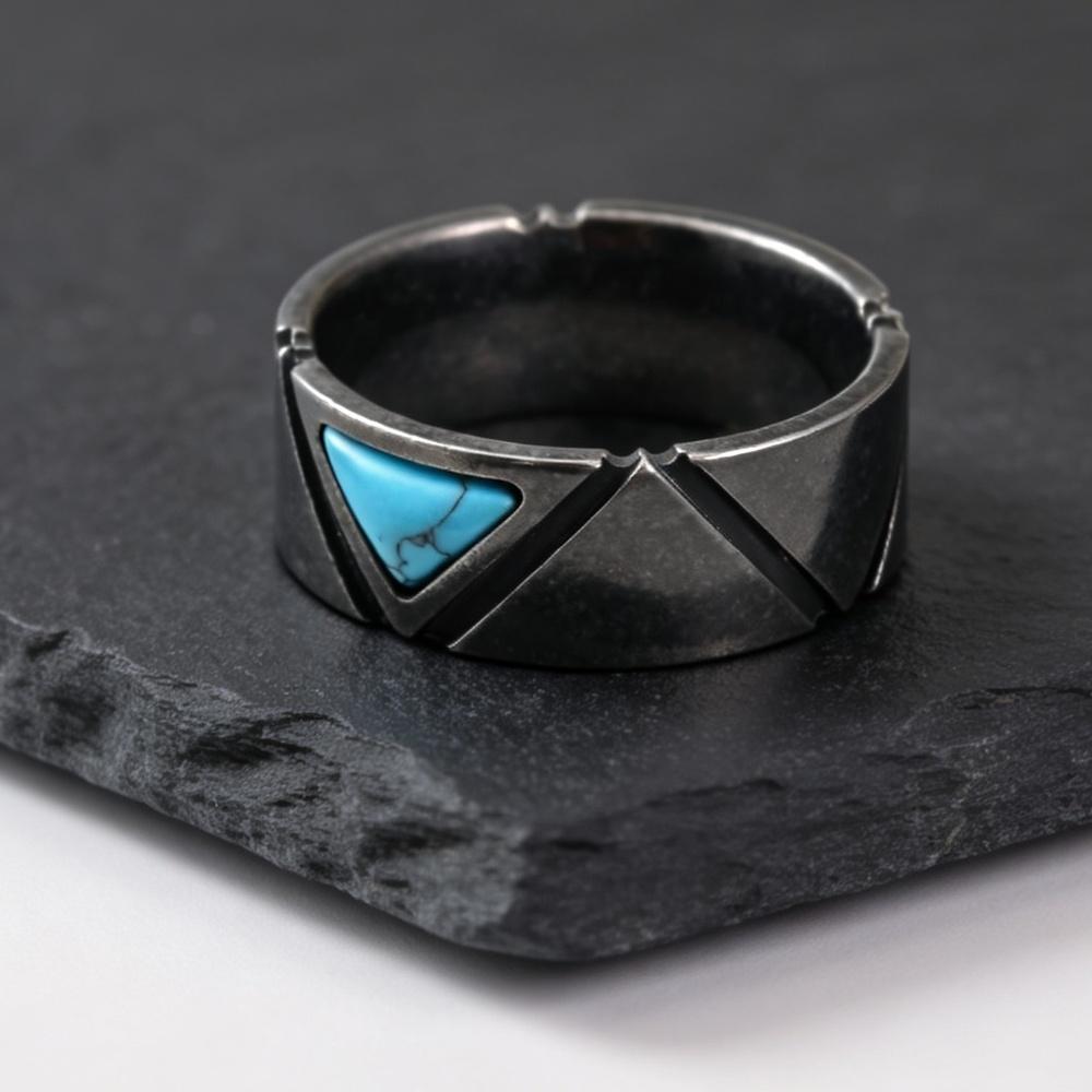 Vintage Gun Black Stainless Steel Ring for Men,Triangular Cut Natural Turquoise Ring,Punk Stylish Male Jewelry