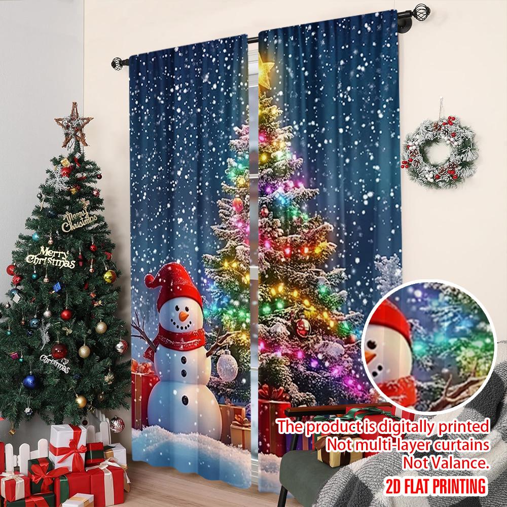 2pcs 2D Flat Printing Christmas Curtain Colorful Christmas Trees and Snowmen In the Snow Durable 100% Polyester Fabric Without