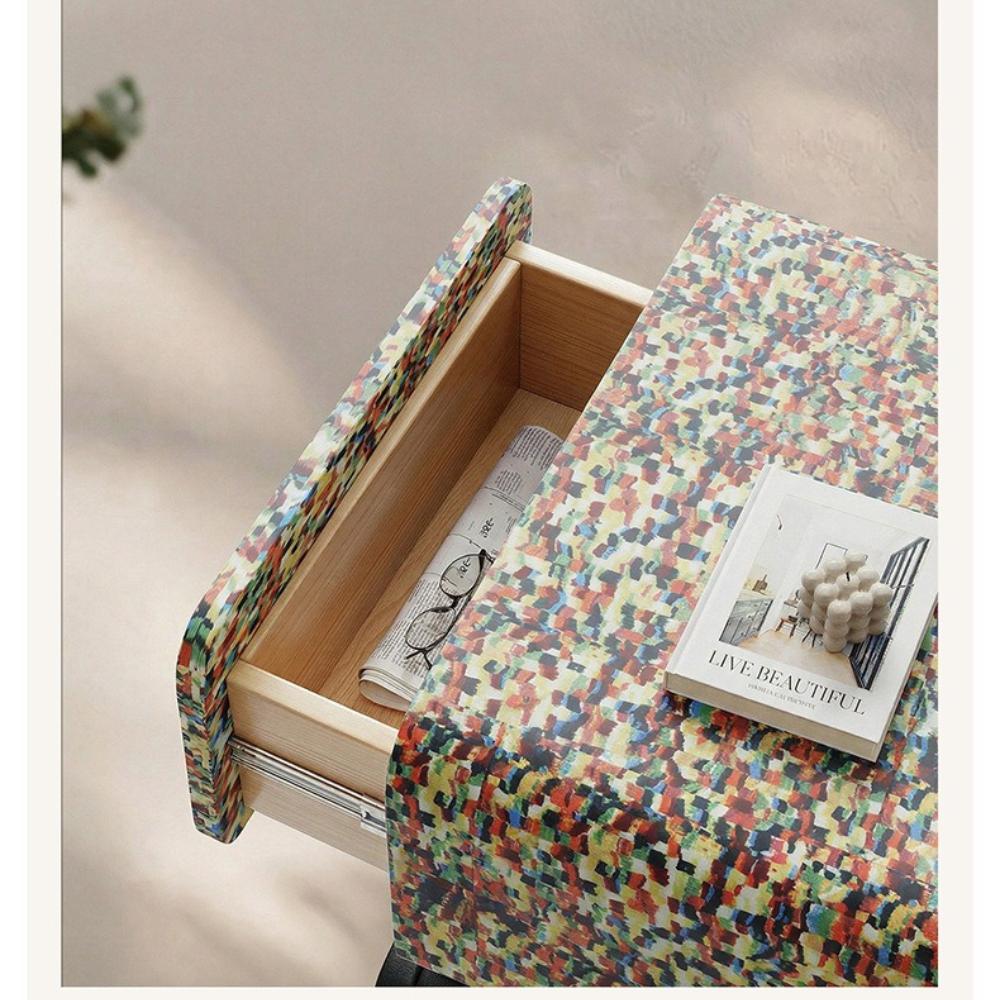 Minimalist Leather Nightstand with Rainbow Mosaic Design Solid Wood Bedside Cabinet Creative Storage for Bedroom Decor Modern