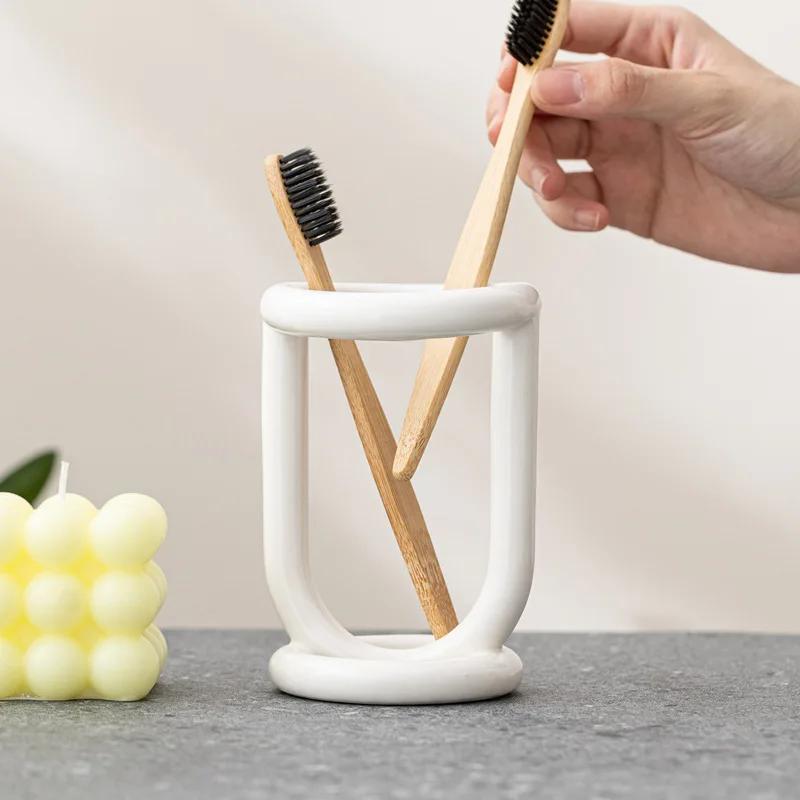 Nordic Style Luxury Ceramic Toothbrush Holder Stand Household Toothpaste Storage Organizer