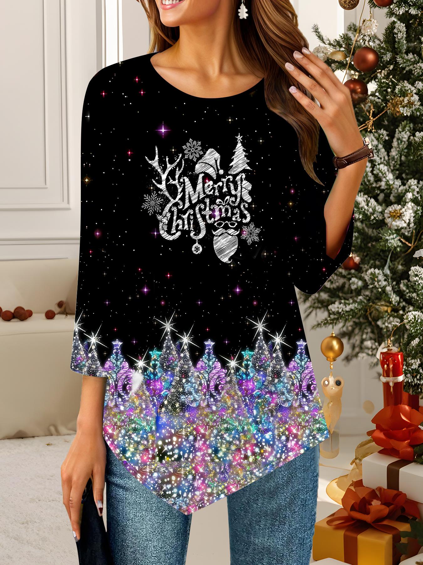 

Женская свободная футболка с круглым вырезом и рукавом три четверти с 3D рождественским узором. Идеальный подарок на Хэллоуин и Рождество. 8XL синий