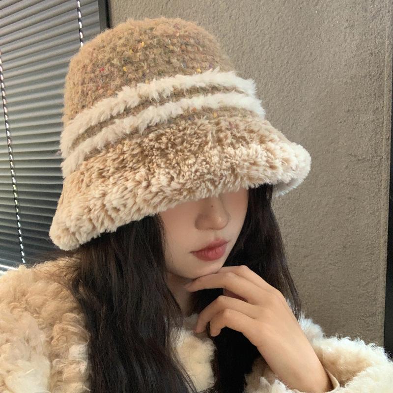 Plush Thickened Hat Women's Color Knitted Bucket Hat Winter Face Small Striped Basin Hat Tide