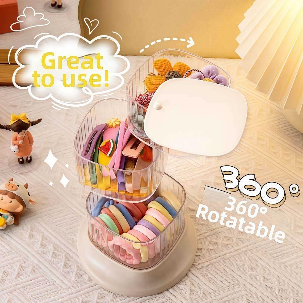 4-Layer Hair Accessory Organizer Transparent Rotating Powder Puff Box Dust-proof Cosmetic Storage Rack Girls' Jewelry Storage
